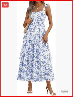 Women's Maxi Dress Floral Tiered Ruffle Smocked Back Sleeveless Boho Beach